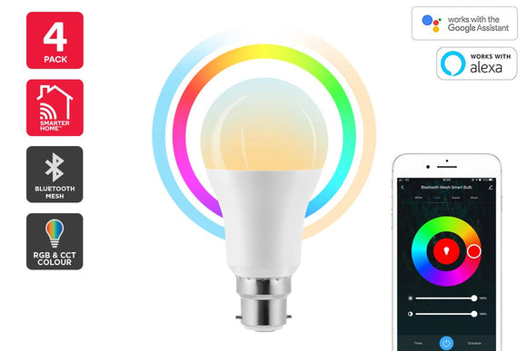 NNEKG 10W Colour & Whites Smart LED Bulb (B22 Bluetooth Mesh) Pack of 4