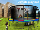 NNEMB 16ft Round Kids Trampoline with Curved Pole Design and Basketball Set-Black and Multi-colour