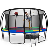 NNEMB 16ft Round Kids Trampoline with Curved Pole Design and Basketball Set-Black and Multi-colour
