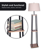 NNEDPE Sarantino Metal Etagere Floor Lamp Wood shelf Cream Fabric Shade
