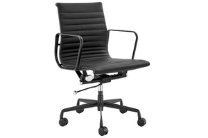 NNEKG Replica Eames Group Standard Matte Black Aluminium Low Back Office Chair (Black Leather)