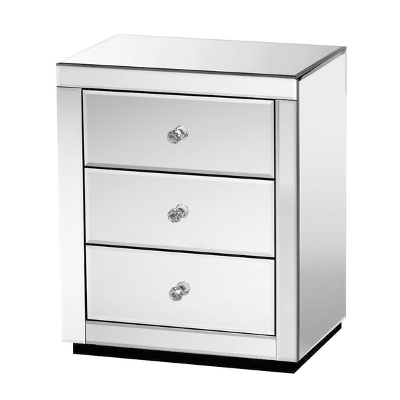 NNEDSZ  Mirrored Bedside Table Drawers Furniture Mirror Glass Presia Silver