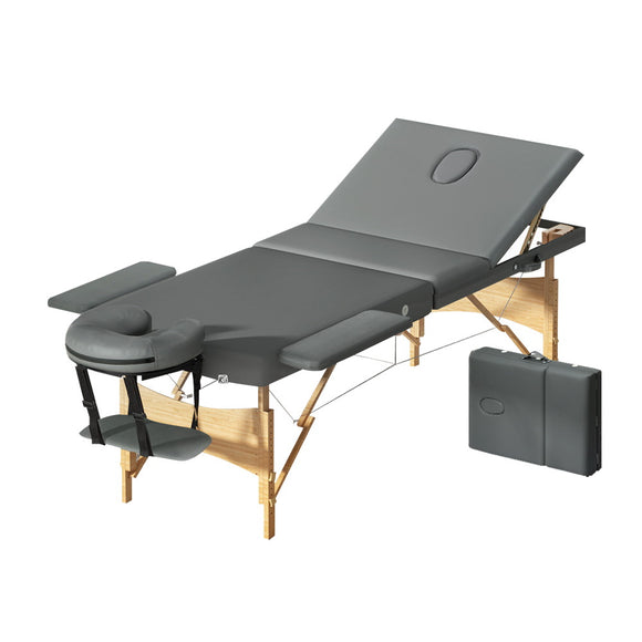 NNEDSZ Zenses Massage Table Wooden Bed Portable 3 Fold Beauty Therapy Waxing 75CM Grey