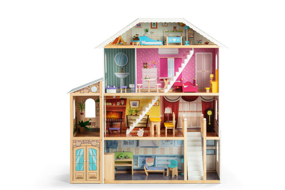 NNEKG 1.2 Metre Four Level Wooden Doll House with 30 furniture pieces