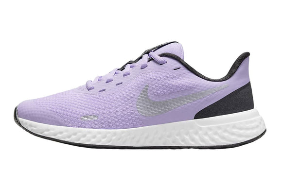 NNEKG Older Girls Revolution 5 Grade School Sports Shoes (Lilac Metallic Silver Dark Smoke Grey White Size 5