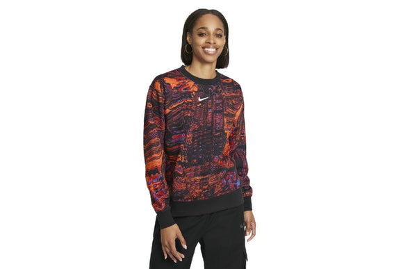 NNEKG Womens Sportswear Trend Fleece Crew All Over Print Sweatshirt (Black Orange Size M)