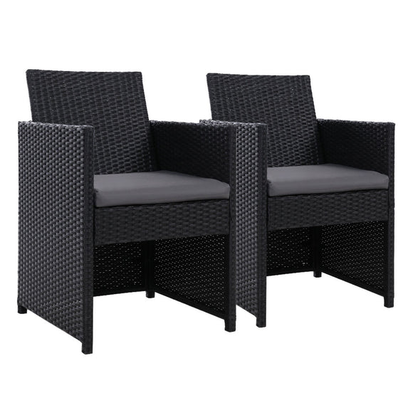NNEDSZ of 2 Outdoor Dining Chairs Wicker Chair Patio Garden Furniture Setting Lounge Cafe Cushion Bistro Set Gardeon Black