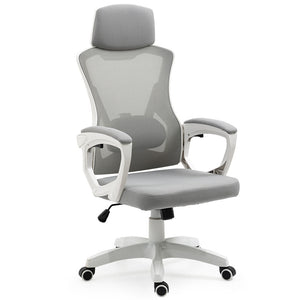 NNEMB Ergonomic Office Desk Chair-Height Adjustable Lumbar Support-Mesh Fabric-Headrest-White/Grey
