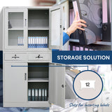 NNEMB 4-Door Lockable Steel Stationary Storage Cabinet-Display Windows-2 Drawers-Grey