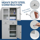 NNEMB 4-Door Lockable Steel Stationary Storage Cabinet-Display Windows-2 Drawers-Grey