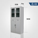 NNEMB 4-Door Lockable Steel Stationary Storage Cabinet-Display Windows-2 Drawers-Grey