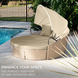 NNEMB 3pc Day Bed Round Lounge Outdoor Furniture-Beige Wicker and Canopy