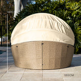 NNEMB 3pc Day Bed Round Lounge Outdoor Furniture-Beige Wicker and Canopy