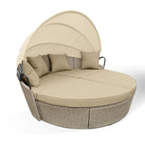 NNEMB 3pc Day Bed Round Lounge Outdoor Furniture-Beige Wicker and Canopy