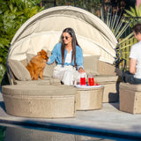 NNEMB 4pc Day Bed Round Lounge Outdoor Furniture-Beige Wicker and Canopy