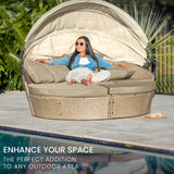 NNEMB 4pc Day Bed Round Lounge Outdoor Furniture-Beige Wicker and Canopy