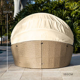 NNEMB 4pc Day Bed Round Lounge Outdoor Furniture-Beige Wicker and Canopy