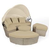 NNEMB 4pc Day Bed Round Lounge Outdoor Furniture-Beige Wicker and Canopy