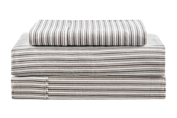 NNEKGE 150GSM Stripes Flannelette Bed Sheet Set (Dark Oak Queen)