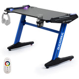 NNEMB Gaming Desk-120x60cm-Carbon Fiber Styling-LED Lights-Headset Hanger-Cup Holder-Cable Management-Blue