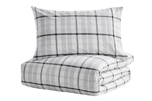 NNEKGE 150GSM Check Print Flannelette Quilt Cover Set (Grey Queen)