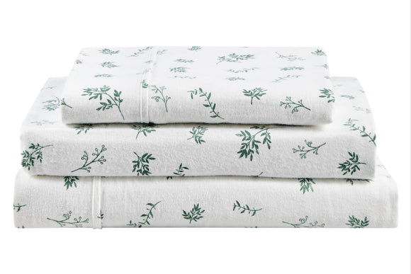 NNEKGE 150GSM Leaves Print Flannelette Bed Sheet Set (Green King)