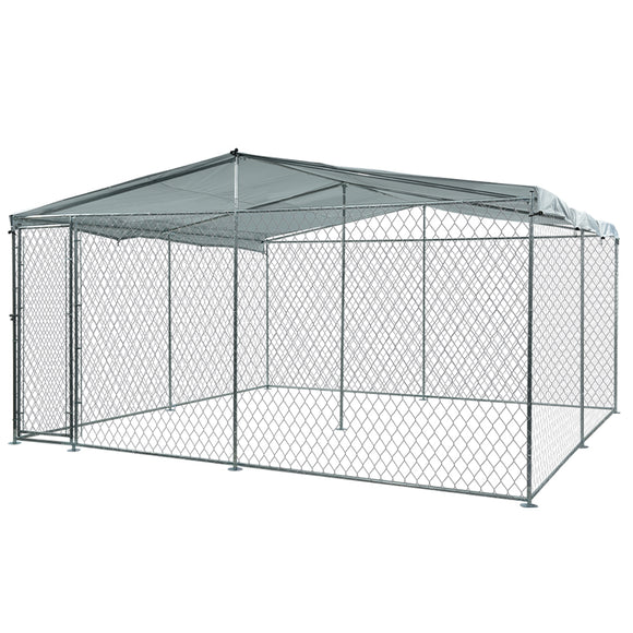 NNEMB 3x3m Outdoor Chain Wire Dog Enclosure Kennel with Shade Cover for Dog-Puppy Silver