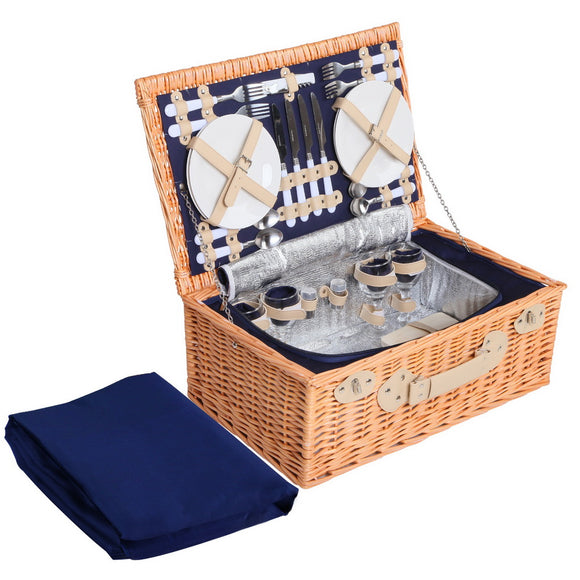 NNEDSZ 4 Person Picnic Basket Baskets Blue Deluxe Outdoor Corporate Blanket Park