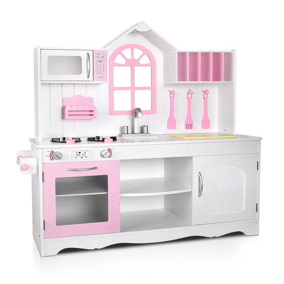 NNEDSZ Kids Wooden Kitchen Play Set - White & Pink