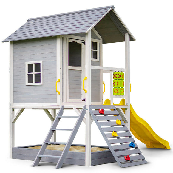 NNEMB Wooden Tower Cubby House with Slide-Sandpit-Climbing Wall-Noughts & Crosses