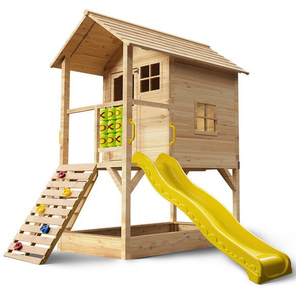 NNEMB Wooden Tower Cubby House with Slide-Sandpit-Climbing Wall-Noughts & Crosses-Natural Colour