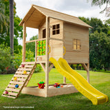 NNEMB Wooden Tower Cubby House with Slide-Sandpit-Climbing Wall-Noughts & Crosses-Natural Colour