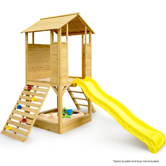 NNEMB Wooden Outdoor Play Equipment Cubby House Slide Sandpit Climbing Wall