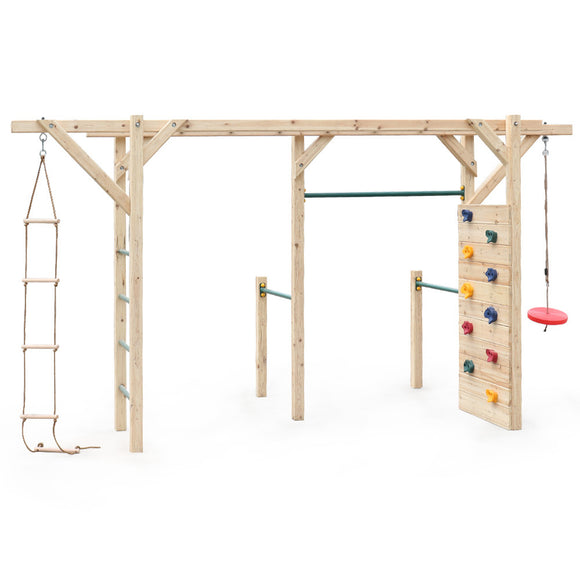 NNEMB Monkey Bars Wooden Climbing Frame Set-with Climbing Wall-Disc Swing-Rope Ladder