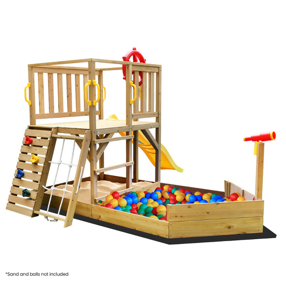 NNEMB Boat-Shaped Wooden Sand Pit Tower with Slide and Climbing Wall
