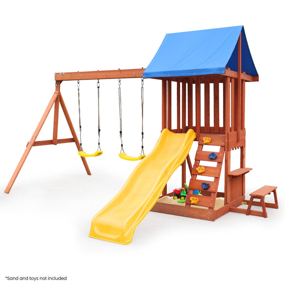 NNEMB Outdoor Slide and Swing Play Set with Climbing Wall and Sandpit