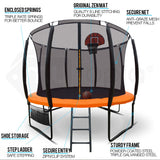 NNEMB 10ft Round Kids Trampoline with Curved Pole Design-Basketball Set and Sprinkler Accessory-Black and Orange