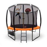 NNEMB 10ft Round Kids Trampoline with Curved Pole Design-Basketball Set and Sprinkler Accessory-Black and Orange