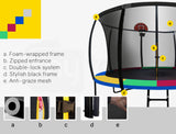 NNEMB 12ft Round Kids Trampoline with Curved Pole Design-Basketball Set and Sprinkler Accessory-Black and Multi-colour