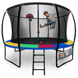 NNEMB 12ft Round Kids Trampoline with Curved Pole Design-Basketball Set and Sprinkler Accessory-Black and Multi-colour