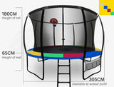 NNEMB 10ft Round Kids Trampoline with Curved Pole Design-Basketball Set and Sprinkler Accessory-Black and Multi-Colour