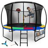 NNEMB 10ft Round Kids Trampoline with Curved Pole Design-Basketball Set and Sprinkler Accessory-Black and Multi-Colour
