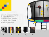 NNEMB 10ft Round Kids Trampoline with Curved Pole Design-Basketball Set and Sprinkler Accessory-Black and Multi-Colour