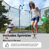 NNEMB 10ft Round Kids Trampoline with Curved Pole Design-Basketball Set and Sprinkler Accessory-Black and Multi-Colour