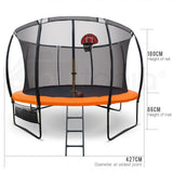 NNEMB 14ft Round Kids Trampoline with Curved Pole Design-Basketball Set and Sprinkler Accessory-Black and Orange