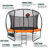 NNEMB 14ft Round Kids Trampoline with Curved Pole Design-Basketball Set and Sprinkler Accessory-Black and Orange