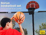 NNEMB 14ft Round Kids Trampoline with Curved Pole Design-Basketball Set and Sprinkler Accessory-Black and Orange