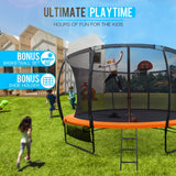 NNEMB 14ft Round Kids Trampoline with Curved Pole Design-Basketball Set and Sprinkler Accessory-Black and Orange