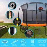 NNEMB 14ft Round Kids Trampoline with Curved Pole Design-Basketball Set and Sprinkler Accessory-Black and Orange