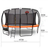 NNEMB 16ft Round Kids Trampoline with Curved Pole Design-Basketball Set and Sprinkler Accessory-Black and Orange